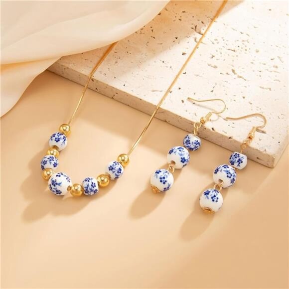 Blue Floral Ceramic Bead Necklace & Earring Set - Picture 5 of 6